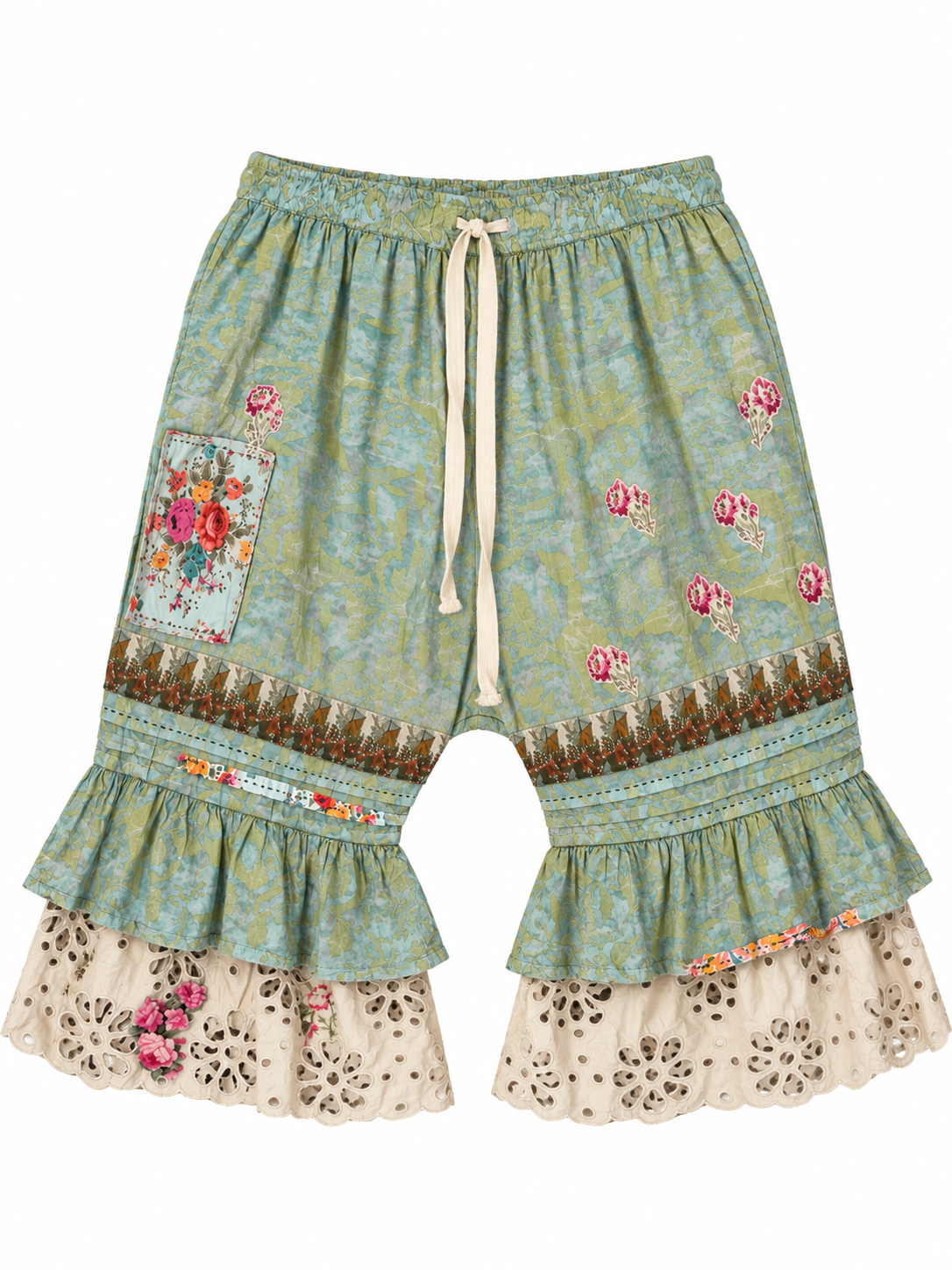 Trestles Clothing Company cotton bloomers in green with floral patches, drawstring waist, and ruffled eyelet hem.